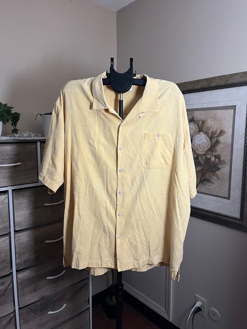 Tommy Bahama Men’s XXL Silk Cotton Yellow Tropical Jacquard Camp Hawaiian Shirt